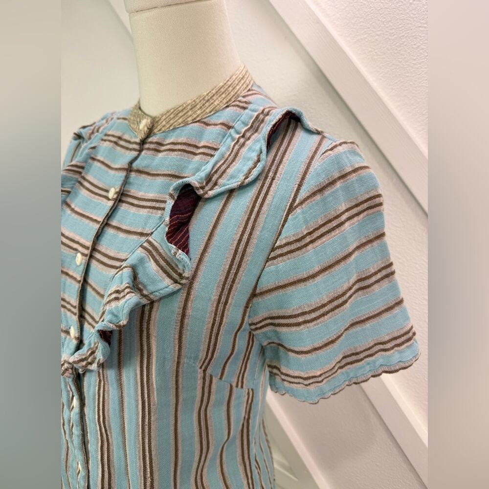 Ace & Jig Gauze Cotton Ruffle Blouse Striped Blue Brown Button Front Size XS - Picture 2 of 9